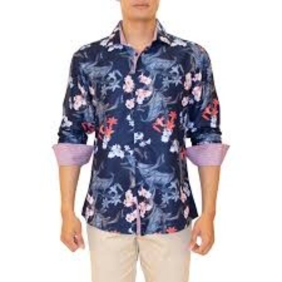 Bespoke Shirt Mens Floral Long Sleeve Navy Red White 4XL Flip Cuff Hawaiian - Picture 2 of 11